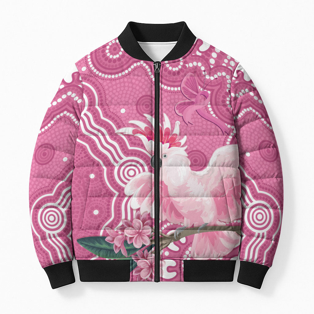 Australia Breast Cancer Support Bomber Puffer Jacket Pink Cockatoo Ribbon Aboriginal Art