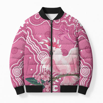 Australia Breast Cancer Support Bomber Puffer Jacket Pink Cockatoo Ribbon Aboriginal Art