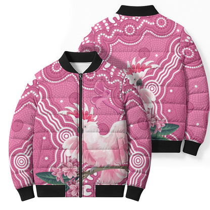 Australia Breast Cancer Support Bomber Puffer Jacket Pink Cockatoo Ribbon Aboriginal Art