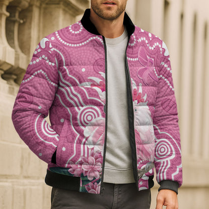 Australia Breast Cancer Support Bomber Puffer Jacket Pink Cockatoo Ribbon Aboriginal Art