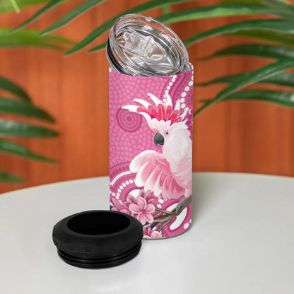 Australia Breast Cancer Support 4 in 1 Can Cooler Tumbler Pink Cockatoo Ribbon Aboriginal Art