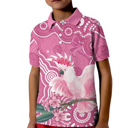 Australia Breast Cancer Support Kid Polo Shirt Pink Cockatoo Ribbon Aboriginal Art