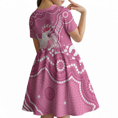 Australia Breast Cancer Support Kid Short Sleeve Dress Pink Cockatoo Ribbon Aboriginal Art