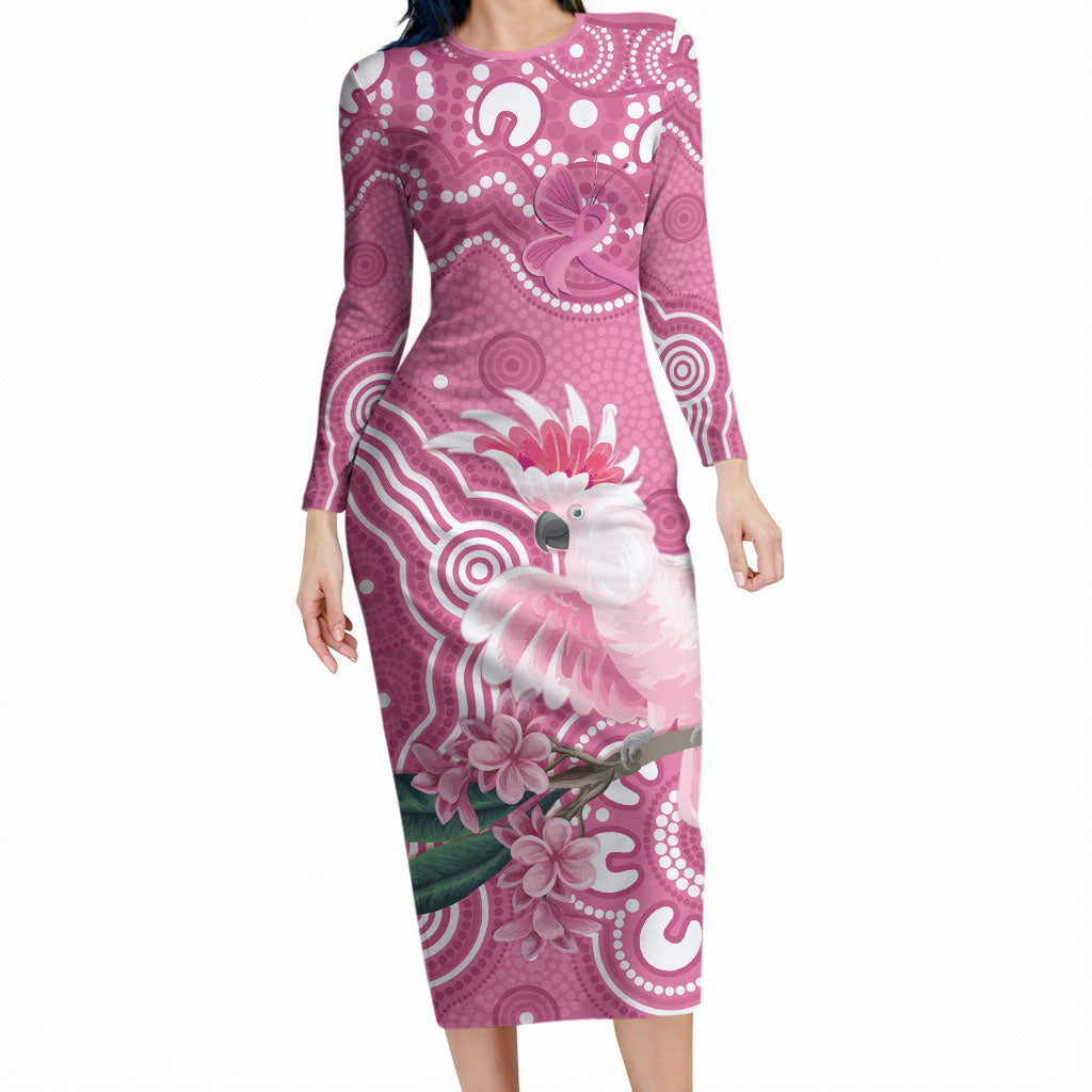 Australia Breast Cancer Support Long Sleeve Bodycon Dress Pink Cockatoo Ribbon Aboriginal Art