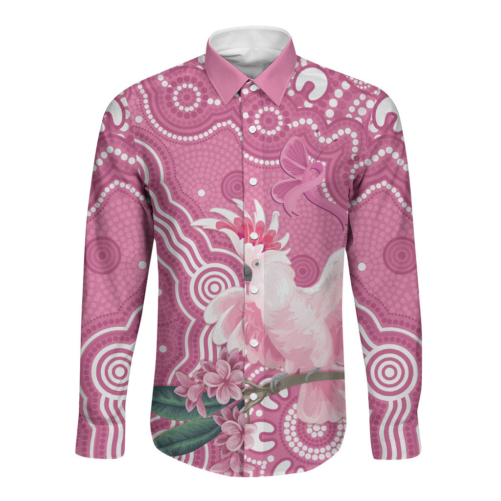 Australia Breast Cancer Support Long Sleeve Button Shirt Pink Cockatoo Ribbon Aboriginal Art