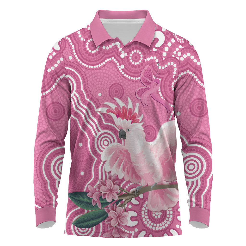Australia Breast Cancer Support Long Sleeve Polo Shirt Pink Cockatoo Ribbon Aboriginal Art