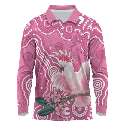 Australia Breast Cancer Support Long Sleeve Polo Shirt Pink Cockatoo Ribbon Aboriginal Art