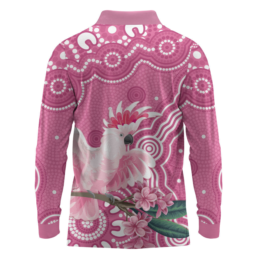 Australia Breast Cancer Support Long Sleeve Polo Shirt Pink Cockatoo Ribbon Aboriginal Art
