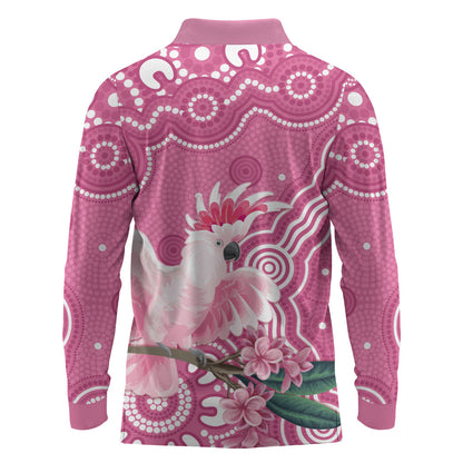 Australia Breast Cancer Support Long Sleeve Polo Shirt Pink Cockatoo Ribbon Aboriginal Art