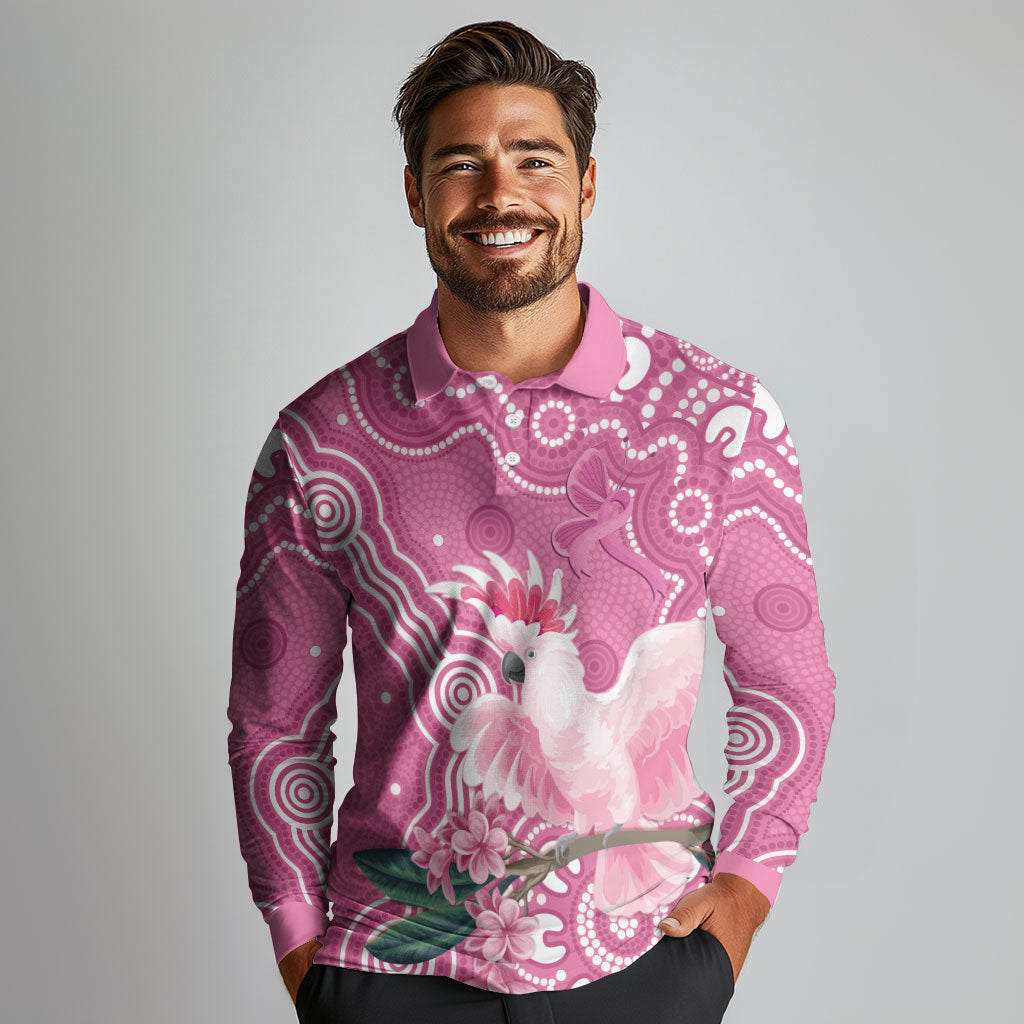 Australia Breast Cancer Support Long Sleeve Polo Shirt Pink Cockatoo Ribbon Aboriginal Art
