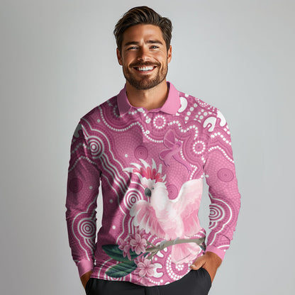 Australia Breast Cancer Support Long Sleeve Polo Shirt Pink Cockatoo Ribbon Aboriginal Art