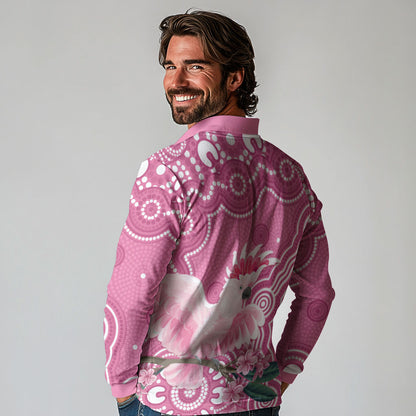 Australia Breast Cancer Support Long Sleeve Polo Shirt Pink Cockatoo Ribbon Aboriginal Art