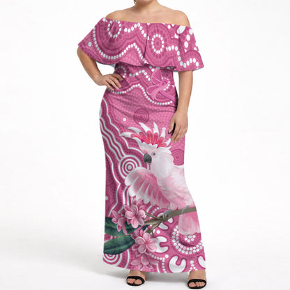 Australia Breast Cancer Support Off Shoulder Maxi Dress Pink Cockatoo Ribbon Aboriginal Art