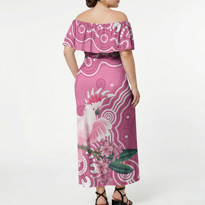 Australia Breast Cancer Support Off Shoulder Maxi Dress Pink Cockatoo Ribbon Aboriginal Art