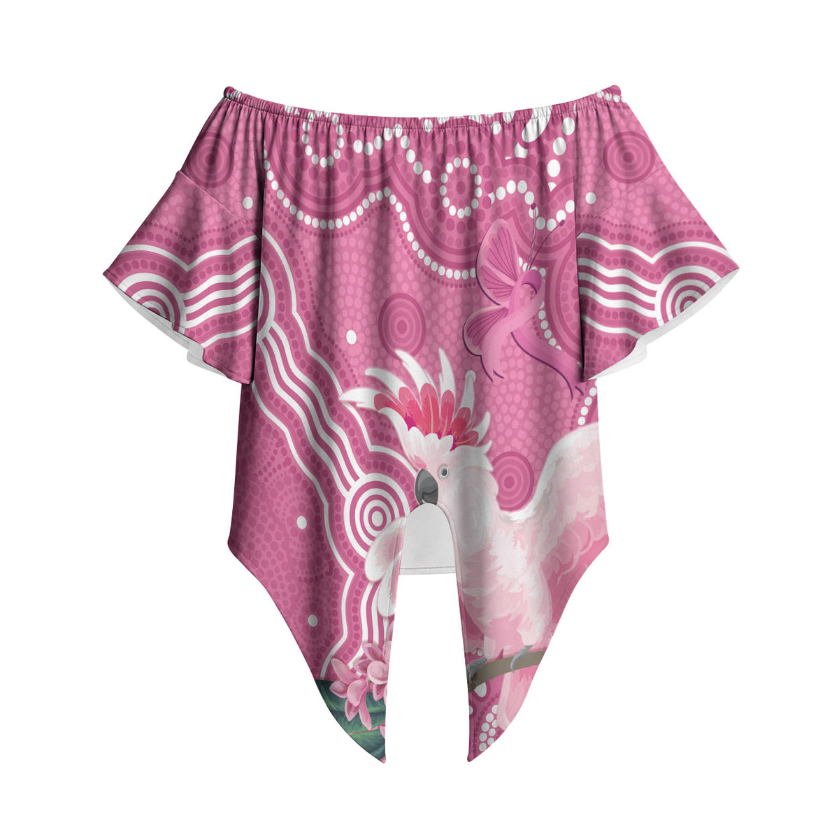 Australia Breast Cancer Support Off Shoulder Wrap Waist Top Pink Cockatoo Ribbon Aboriginal Art