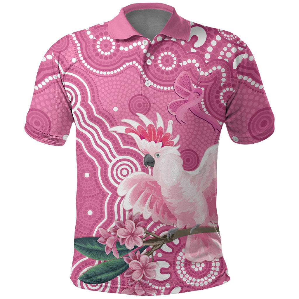 Australia Breast Cancer Support Polo Shirt Pink Cockatoo Ribbon Aboriginal Art
