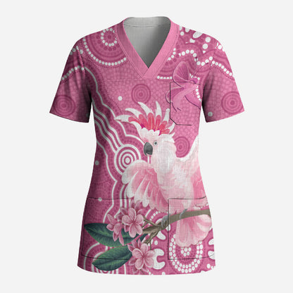 Australia Breast Cancer Support Scrub Top Pink Cockatoo Ribbon Aboriginal Art