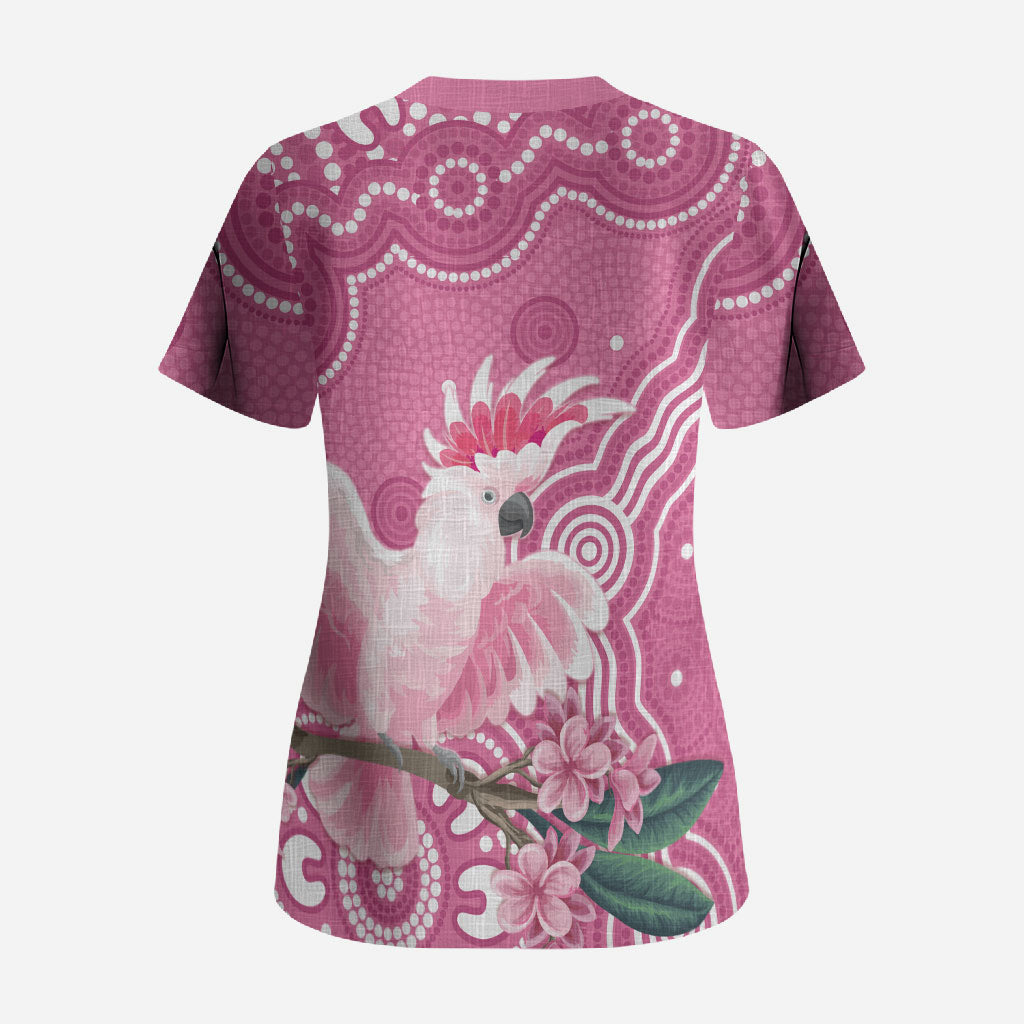 Australia Breast Cancer Support Scrub Top Pink Cockatoo Ribbon Aboriginal Art