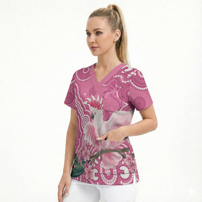 Australia Breast Cancer Support Scrub Top Pink Cockatoo Ribbon Aboriginal Art
