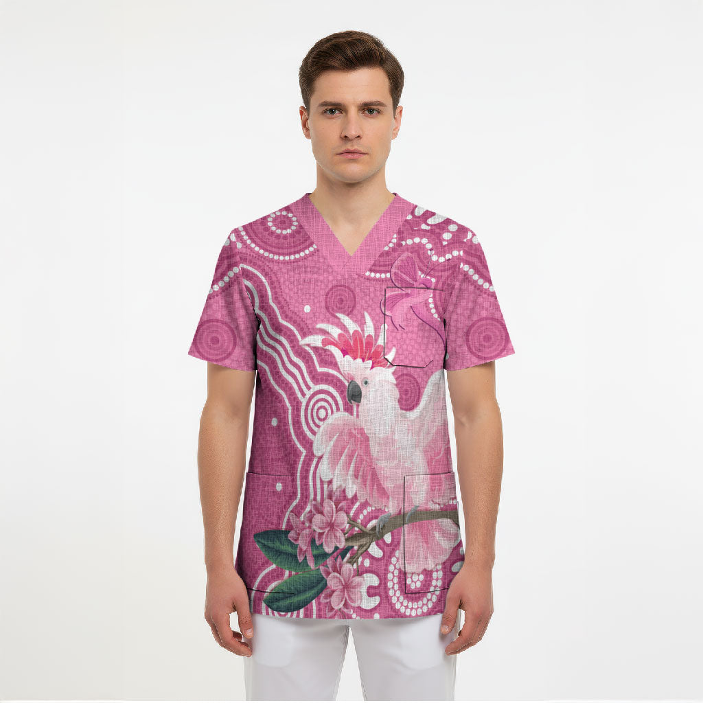 Australia Breast Cancer Support Scrub Top Pink Cockatoo Ribbon Aboriginal Art