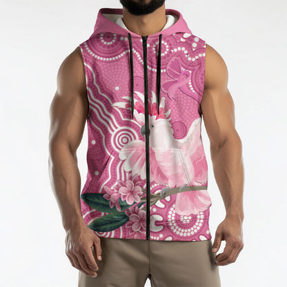 Australia Breast Cancer Support Sleeveless Zip Hoodie Pink Cockatoo Ribbon Aboriginal Art