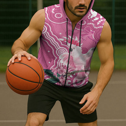 Australia Breast Cancer Support Sleeveless Zip Hoodie Pink Cockatoo Ribbon Aboriginal Art