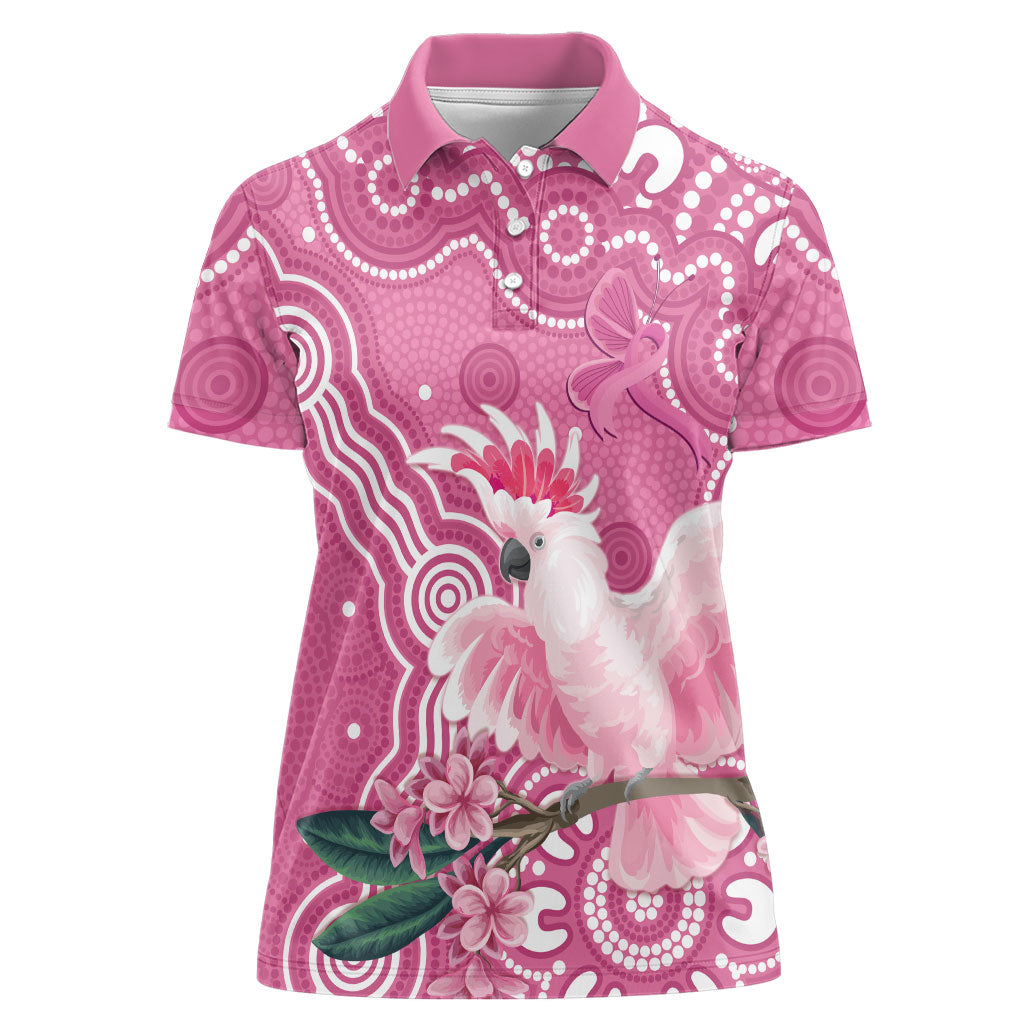 Australia Breast Cancer Support Women Polo Shirt Pink Cockatoo Ribbon Aboriginal Art