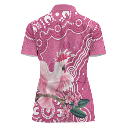 Australia Breast Cancer Support Women Polo Shirt Pink Cockatoo Ribbon Aboriginal Art