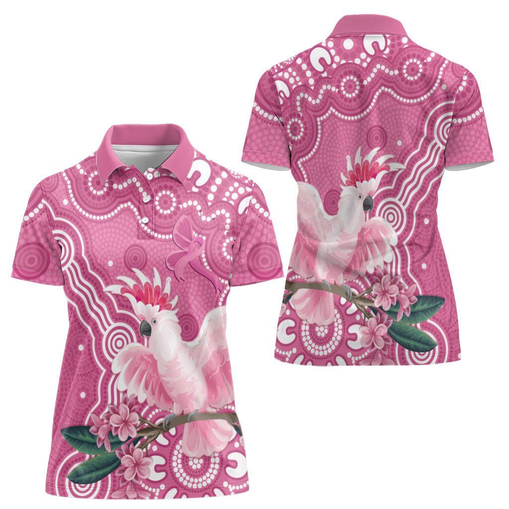 Australia Breast Cancer Support Women Polo Shirt Pink Cockatoo Ribbon Aboriginal Art