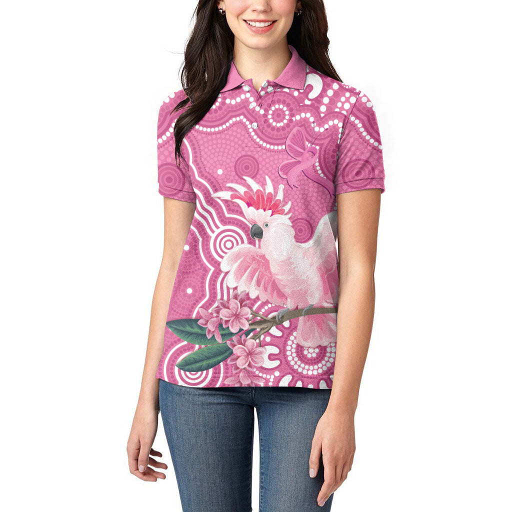 Australia Breast Cancer Support Women Polo Shirt Pink Cockatoo Ribbon Aboriginal Art