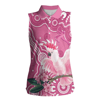 Australia Breast Cancer Support Women Sleeveless Polo Shirt Pink Cockatoo Ribbon Aboriginal Art