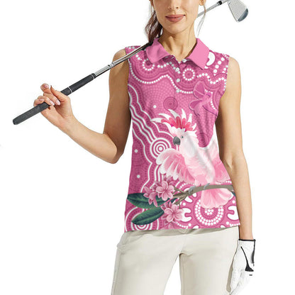 Australia Breast Cancer Support Women Sleeveless Polo Shirt Pink Cockatoo Ribbon Aboriginal Art