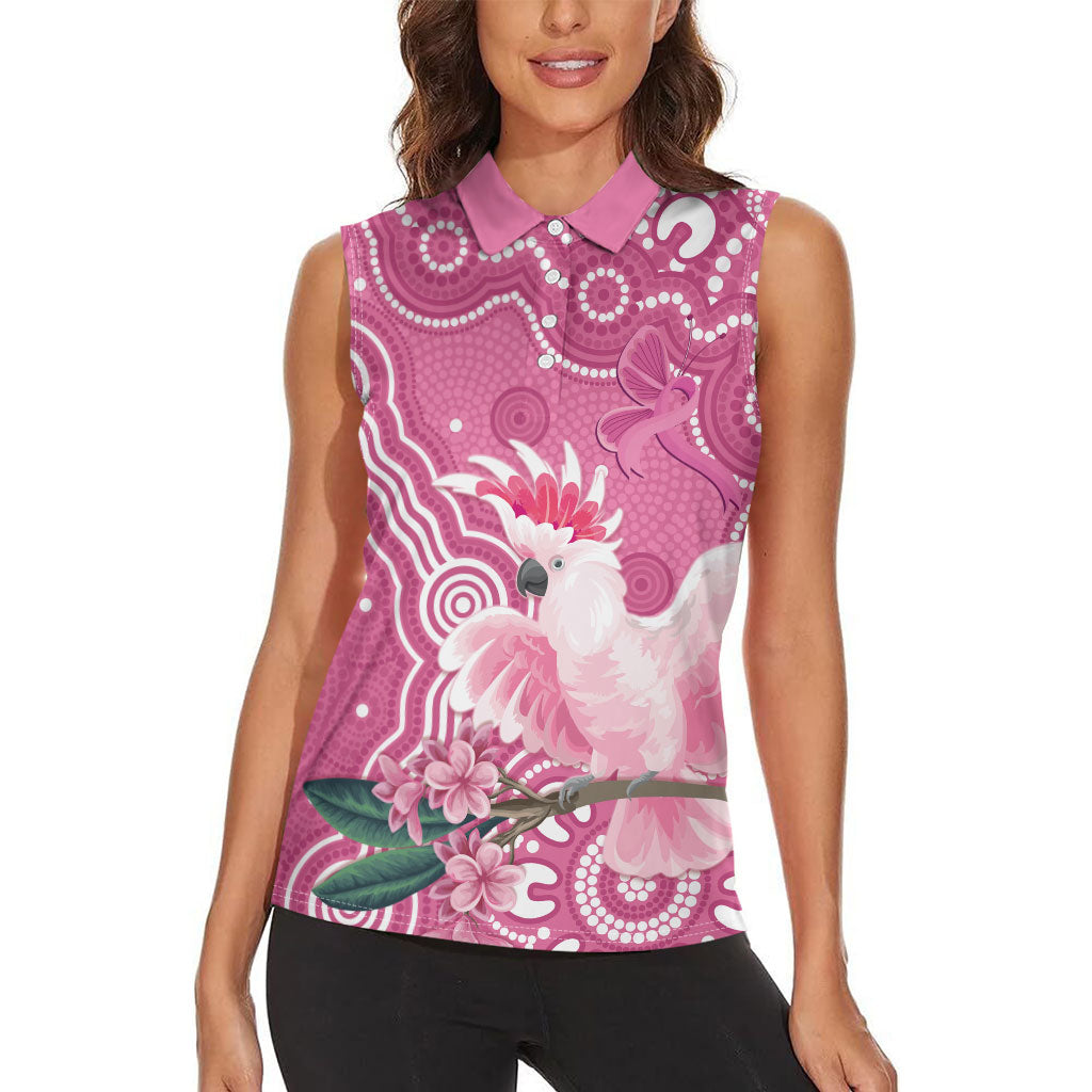 Australia Breast Cancer Support Women Sleeveless Polo Shirt Pink Cockatoo Ribbon Aboriginal Art