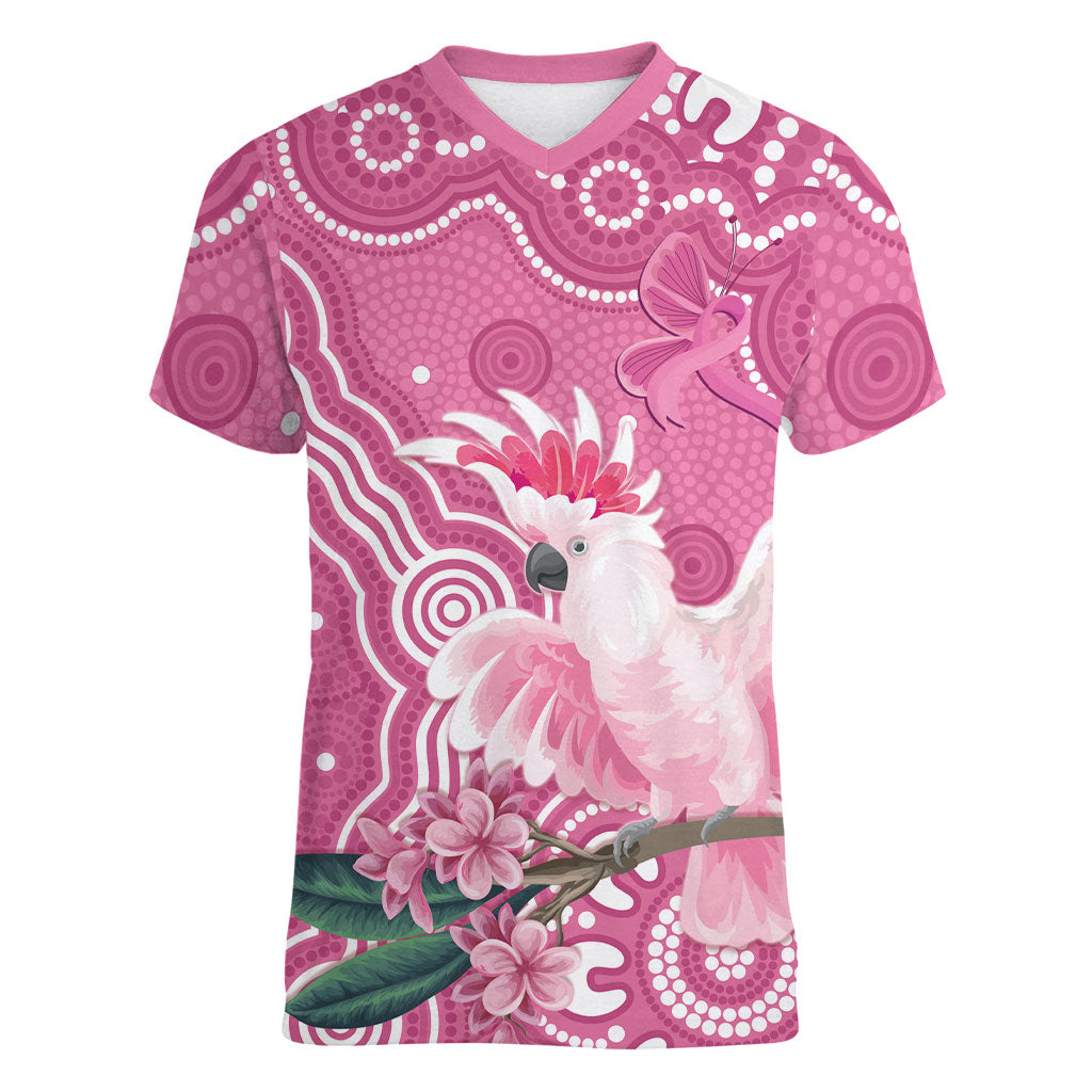 Australia Breast Cancer Support Women V-Neck T-Shirt Pink Cockatoo Ribbon Aboriginal Art