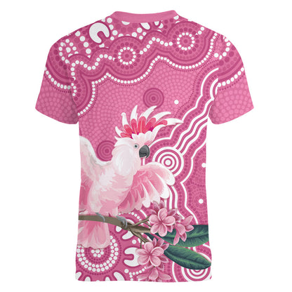 Australia Breast Cancer Support Women V-Neck T-Shirt Pink Cockatoo Ribbon Aboriginal Art