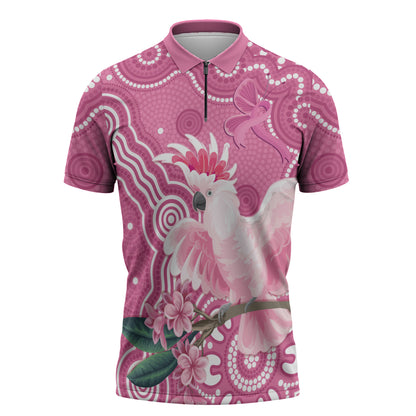 Australia Breast Cancer Support Zipper Polo Shirt Pink Cockatoo Ribbon Aboriginal Art