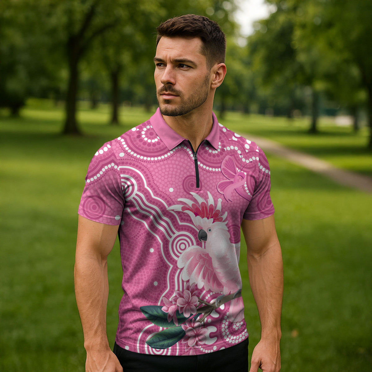 Australia Breast Cancer Support Zipper Polo Shirt Pink Cockatoo Ribbon Aboriginal Art