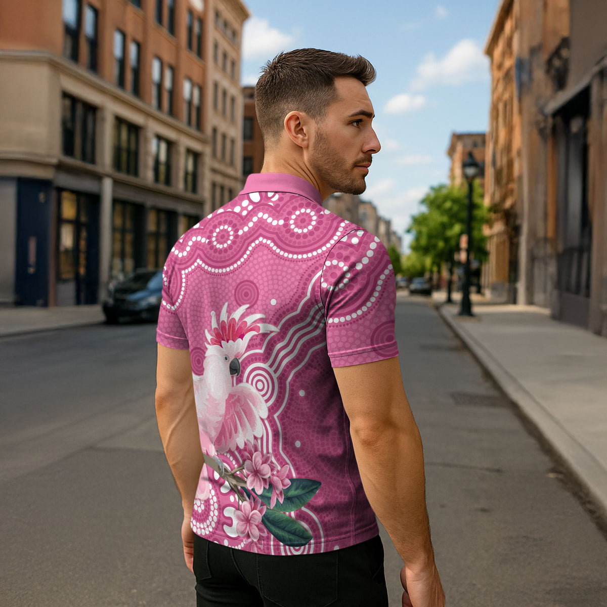 Australia Breast Cancer Support Zipper Polo Shirt Pink Cockatoo Ribbon Aboriginal Art
