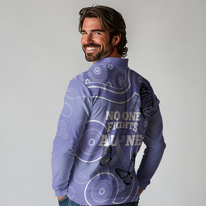 Australia Stomach Cancer Support Long Sleeve Polo Shirt No One Fights Alone Aboriginal Art
