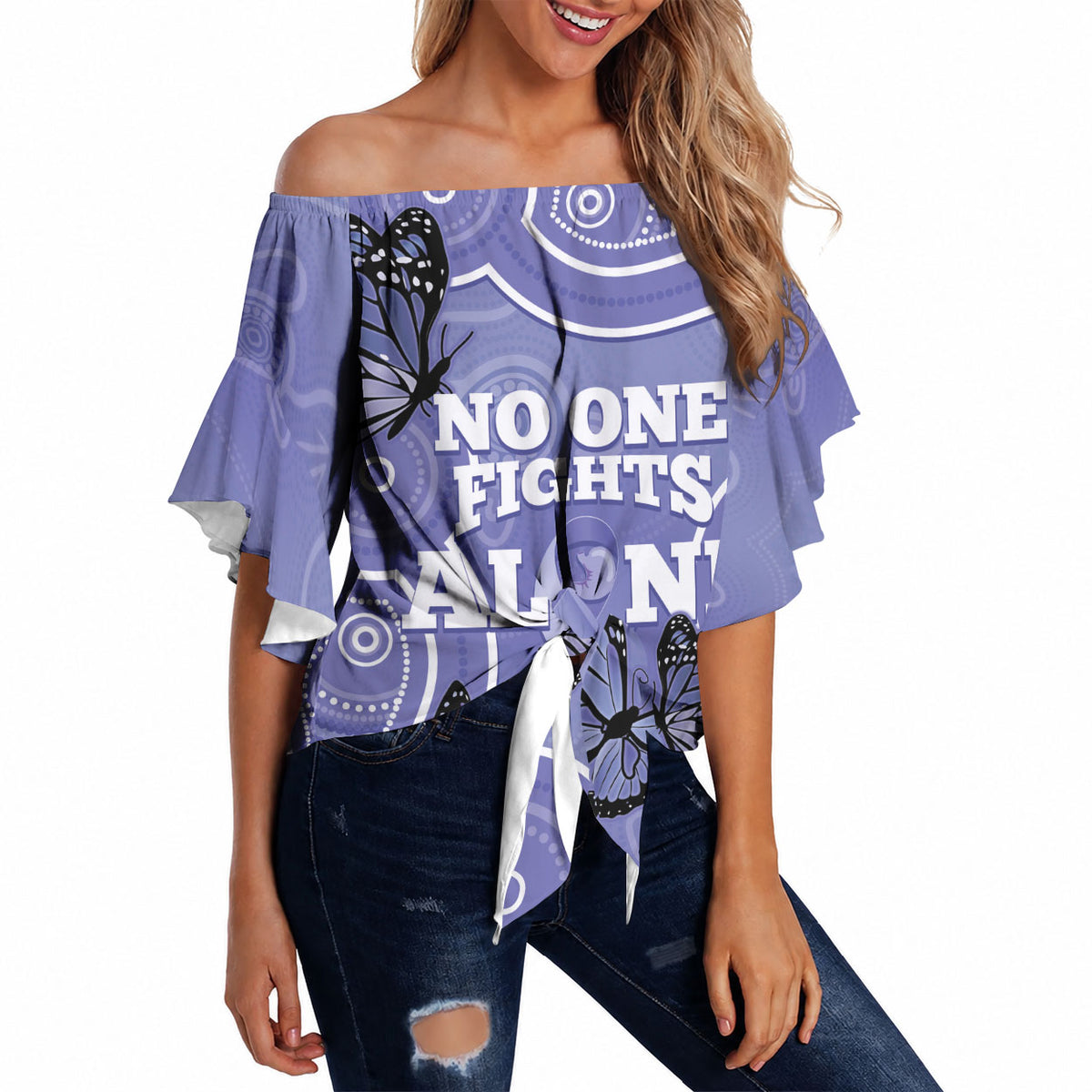 Australia Stomach Cancer Support Off Shoulder Wrap Waist Top No One Fights Alone Aboriginal Art
