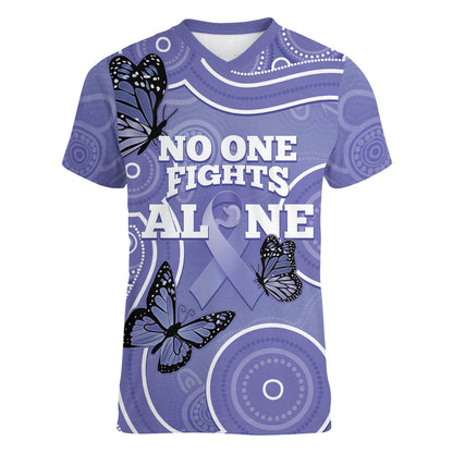 Australia Stomach Cancer Support Women V-Neck T-Shirt No One Fights Alone Aboriginal Art