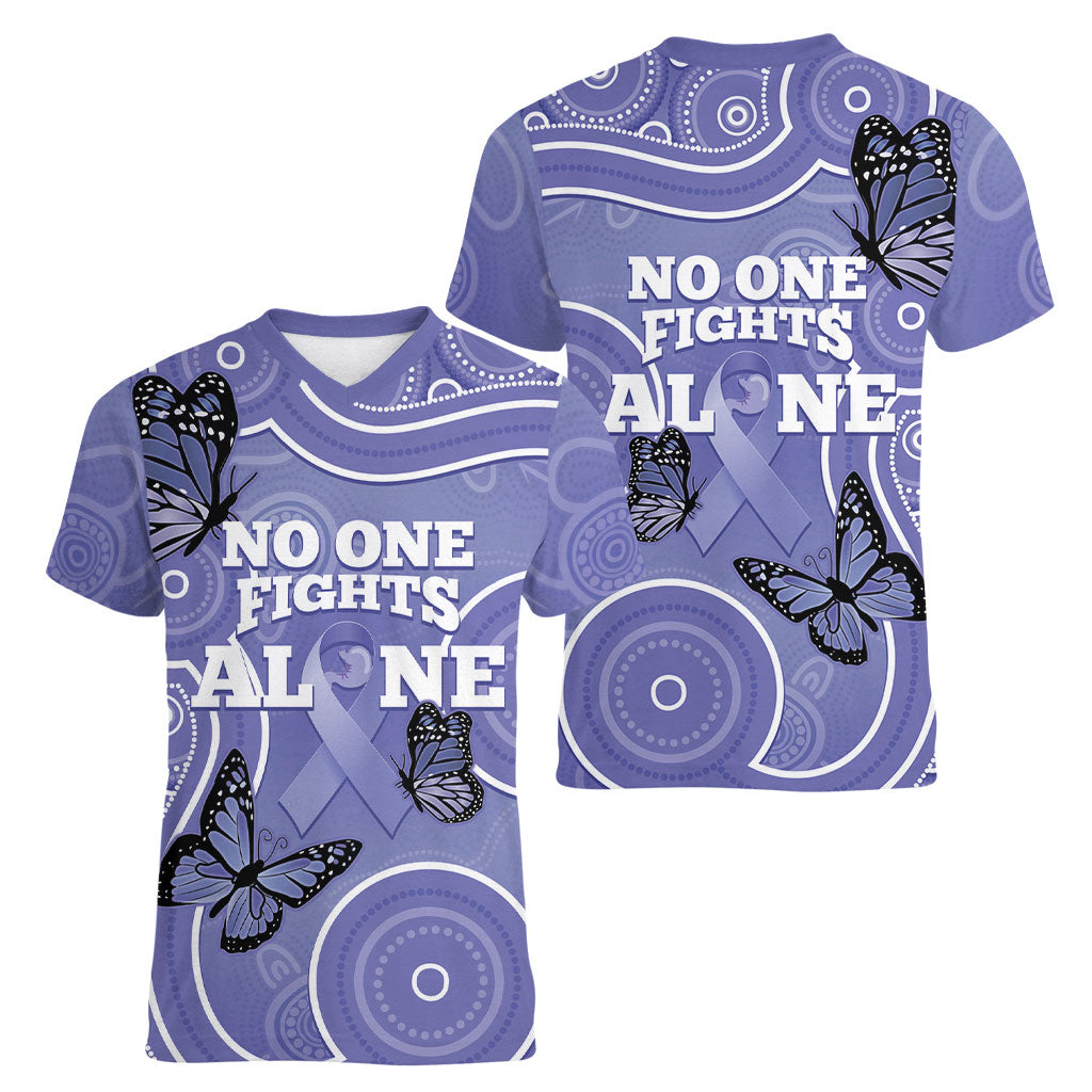 Australia Stomach Cancer Support Women V-Neck T-Shirt No One Fights Alone Aboriginal Art