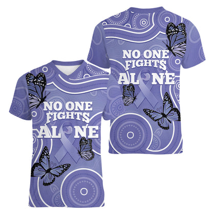 Australia Stomach Cancer Support Women V-Neck T-Shirt No One Fights Alone Aboriginal Art
