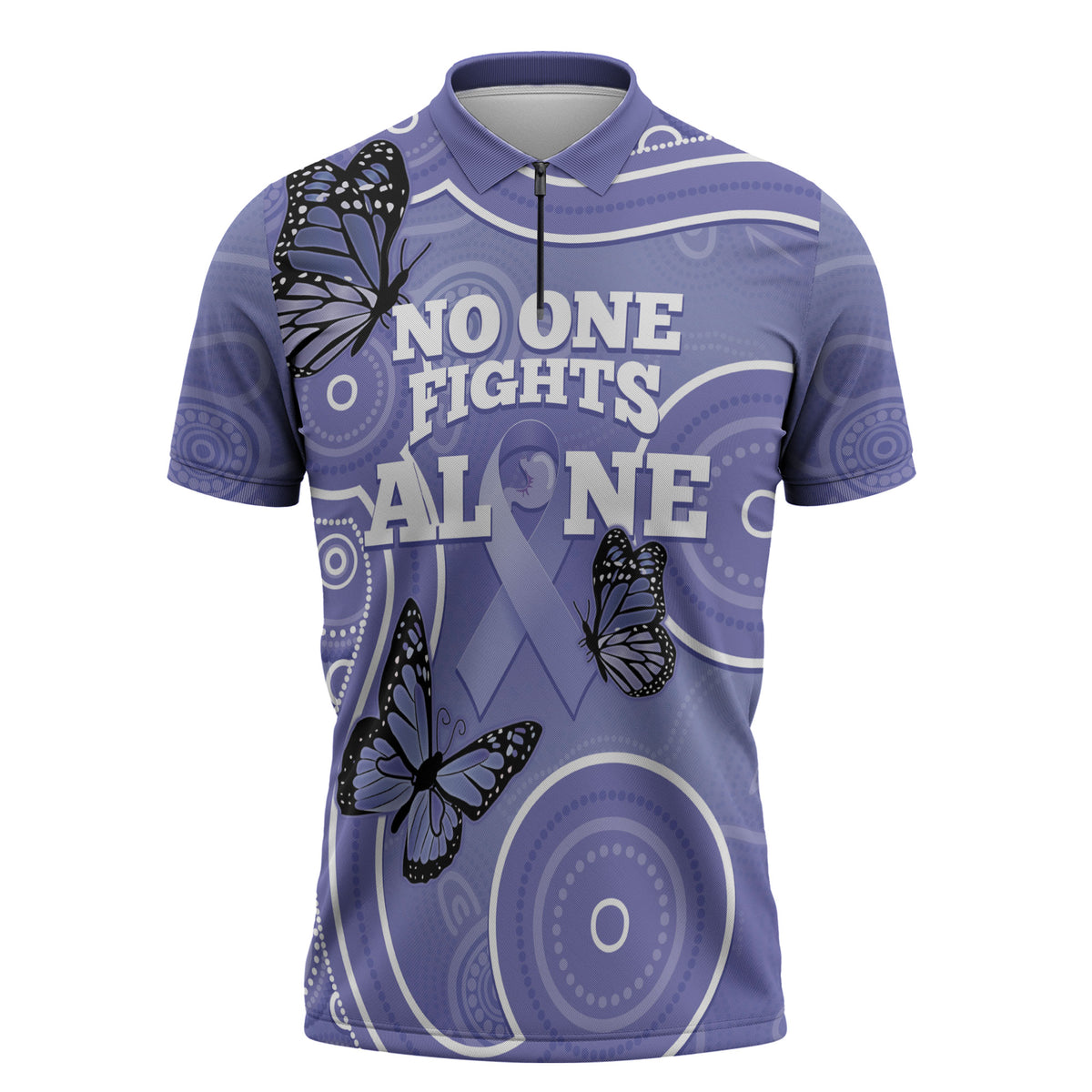 Australia Stomach Cancer Support Zipper Polo Shirt No One Fights Alone Aboriginal Art