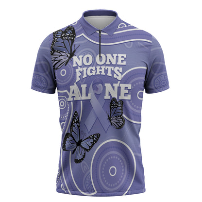 Australia Stomach Cancer Support Zipper Polo Shirt No One Fights Alone Aboriginal Art
