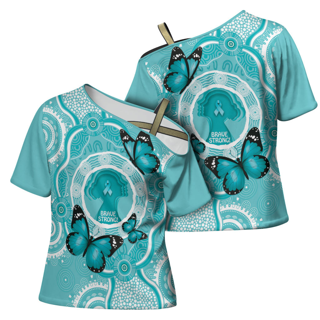 Australia Cervical Cancer Support Cross Shoulder Shirt Brave Strong Butterfly Aboriginal Art