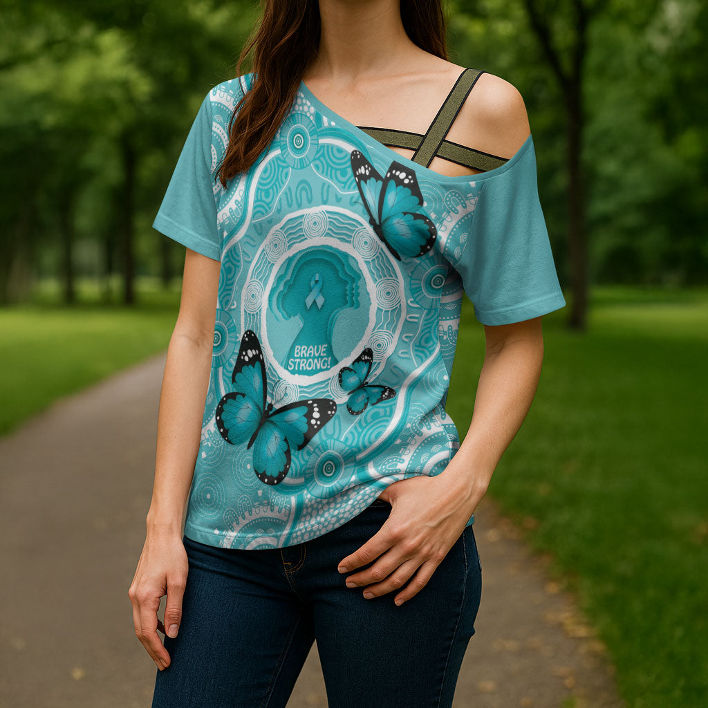 Australia Cervical Cancer Support Cross Shoulder Shirt Brave Strong Butterfly Aboriginal Art