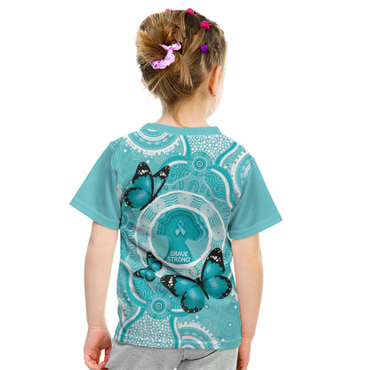 Australia Cervical Cancer Support Kid T Shirt Brave Strong Butterfly Aboriginal Art