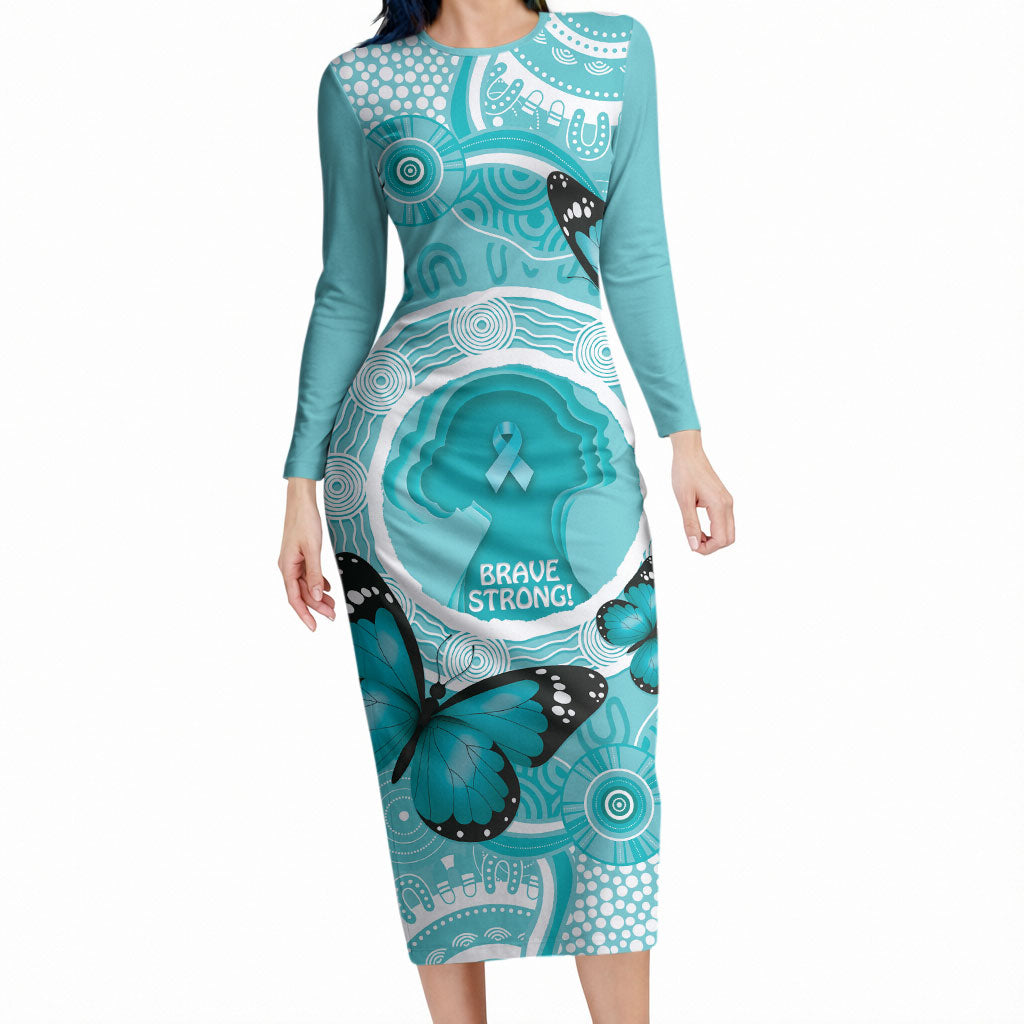 Australia Cervical Cancer Support Long Sleeve Bodycon Dress Brave Strong Butterfly Aboriginal Art