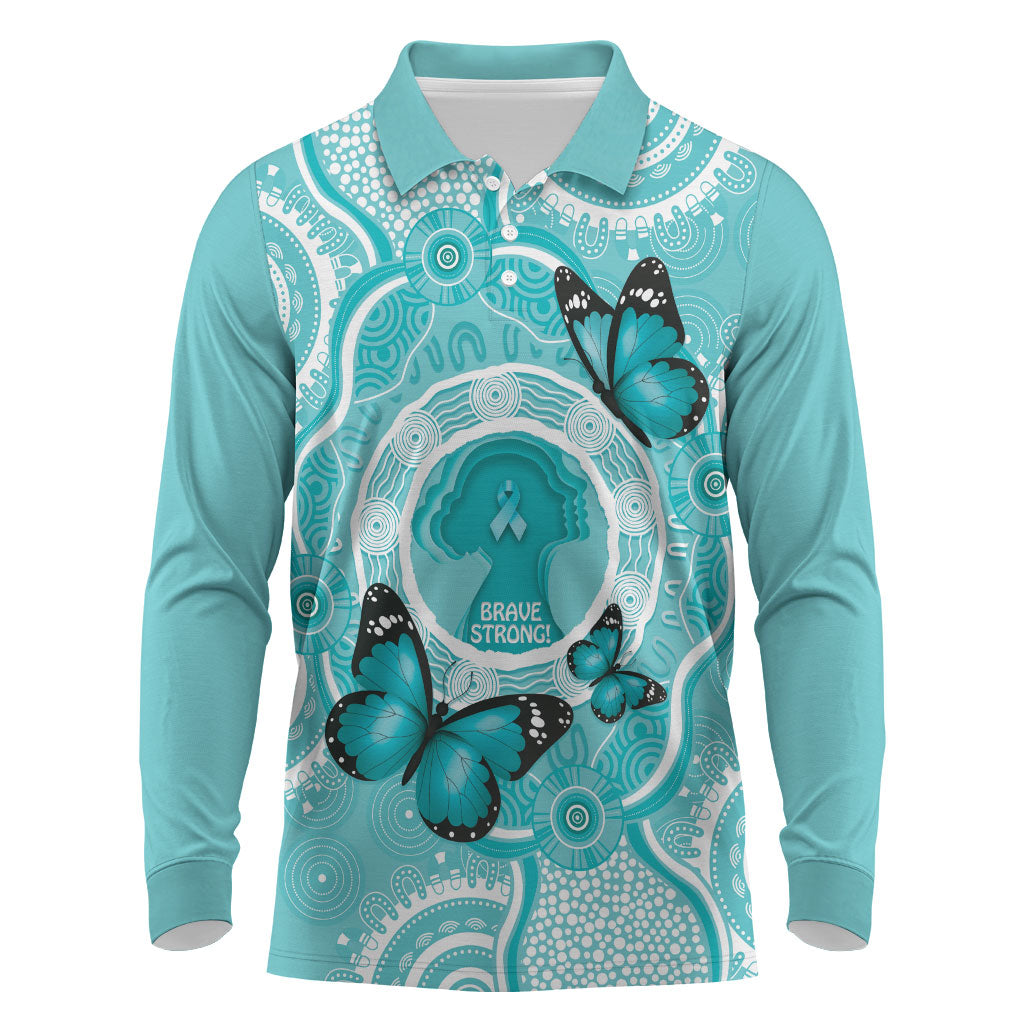 Australia Cervical Cancer Support Long Sleeve Polo Shirt Brave Strong Butterfly Aboriginal Art